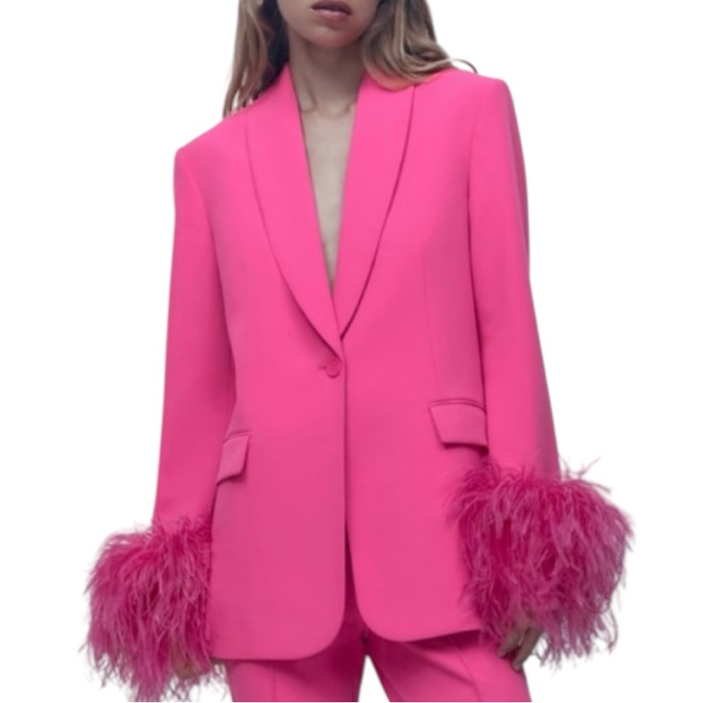 ZARA Hot Pink Feather Single Button Blazer